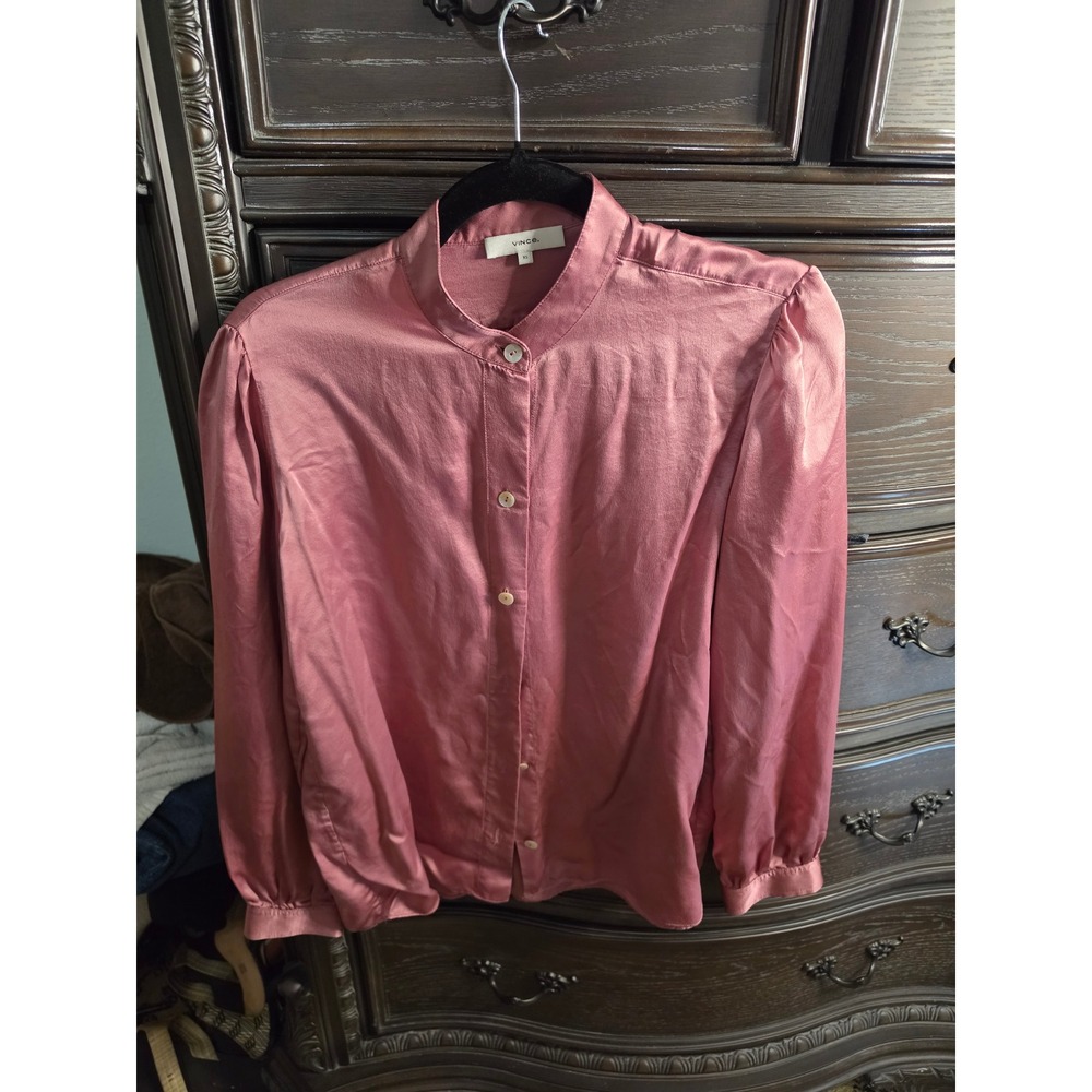 Vince Silk Satin Band Collar Blouse Rose Pink Puff Shoulder XS V648112283